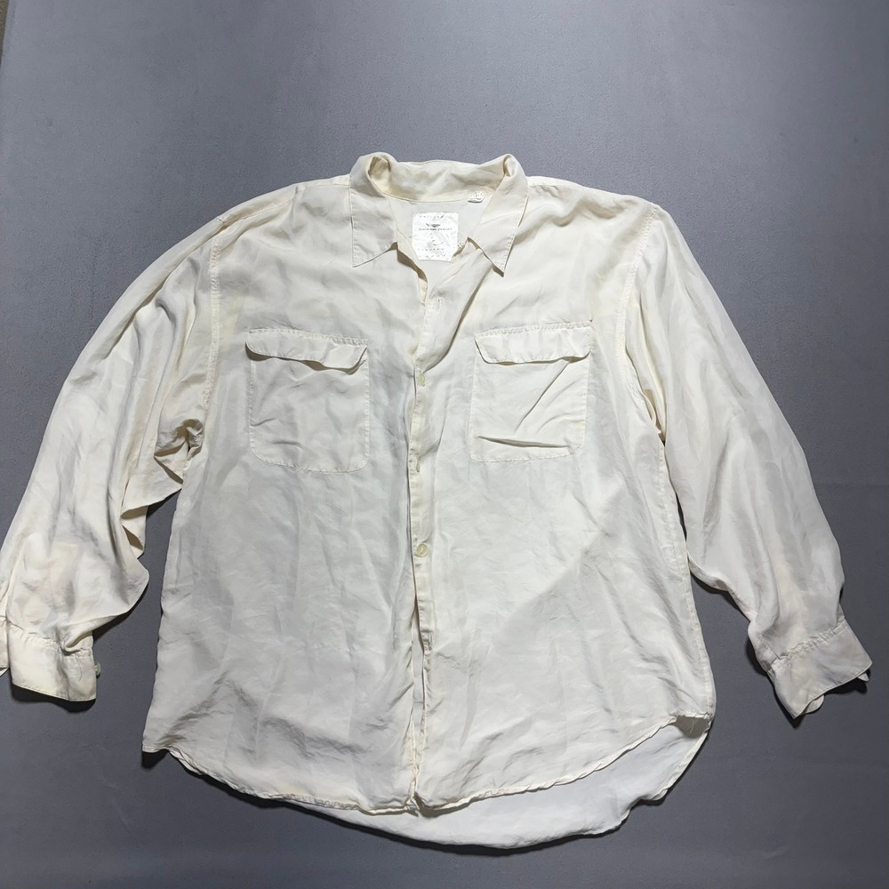 Index Men Raw Silk Button Down Shirt XL Cream Long Sleeve Two Pocket Utility